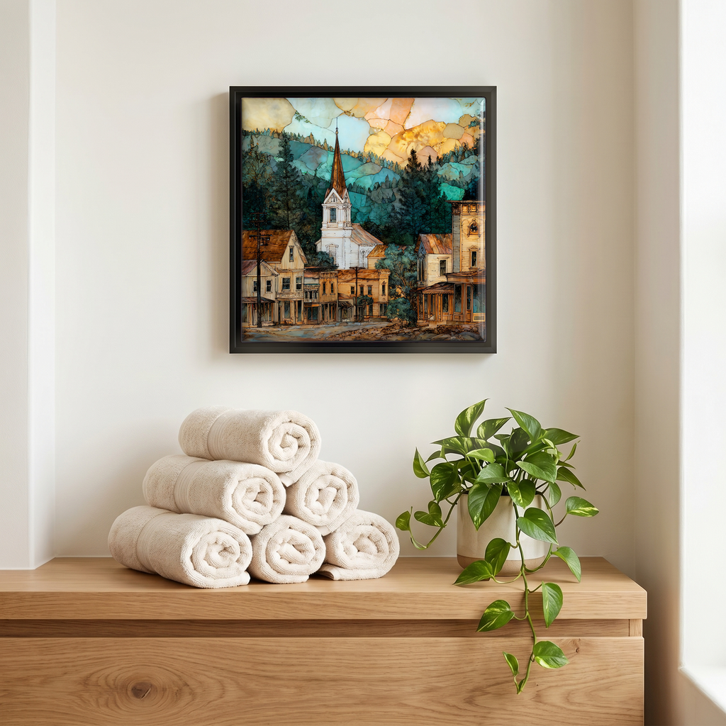 Above the linens, in a slim black surround.