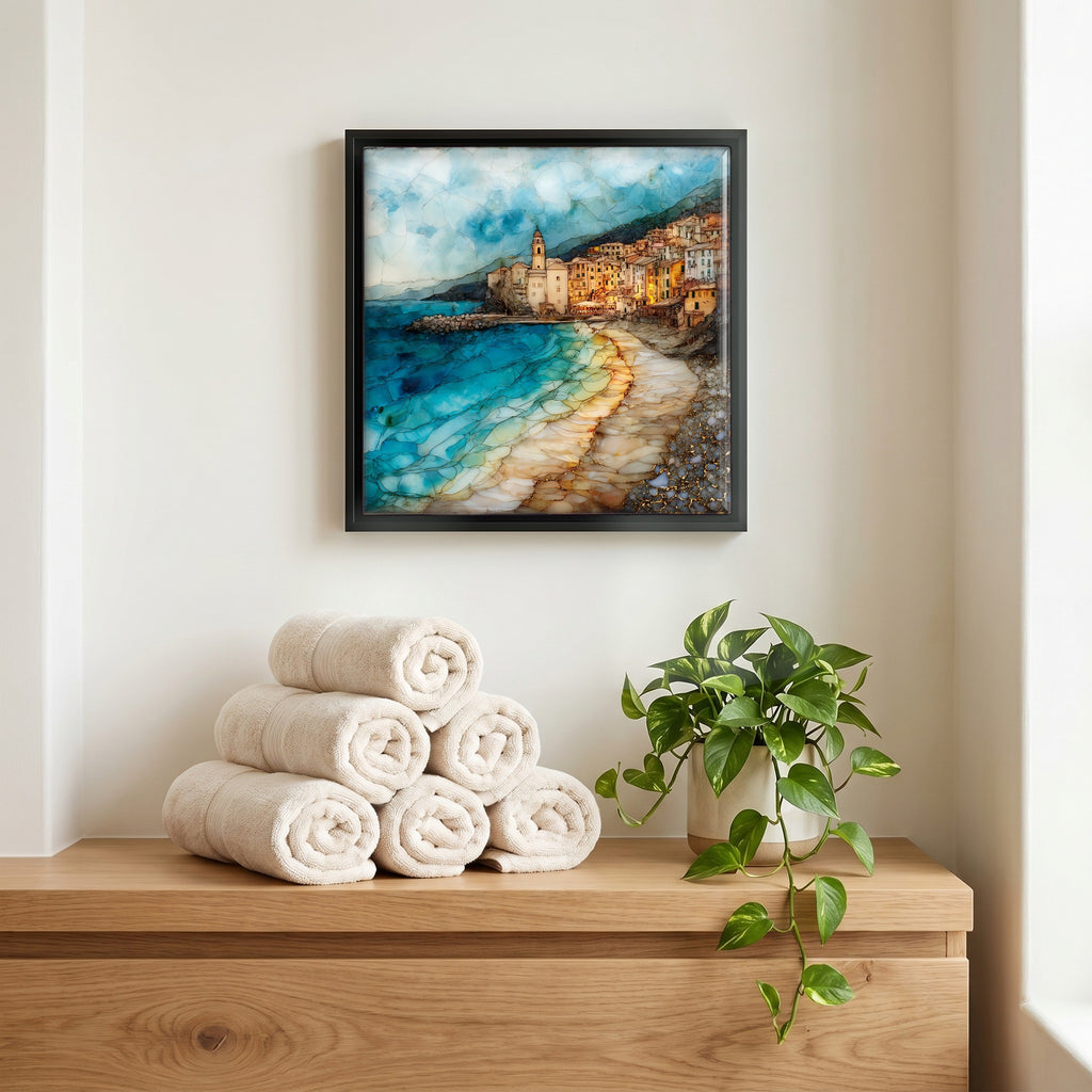 Above the linens, in a slim black surround.