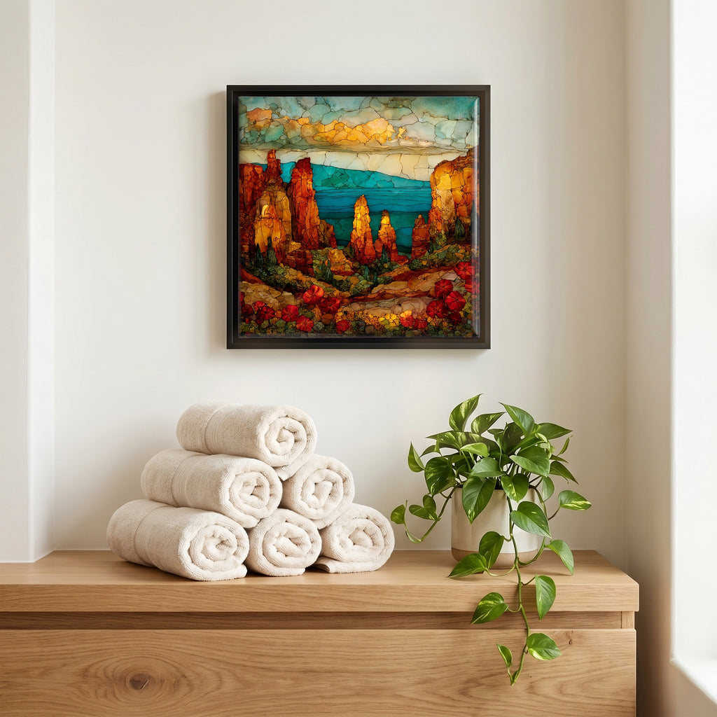 Above the linens, in a slim black surround.
