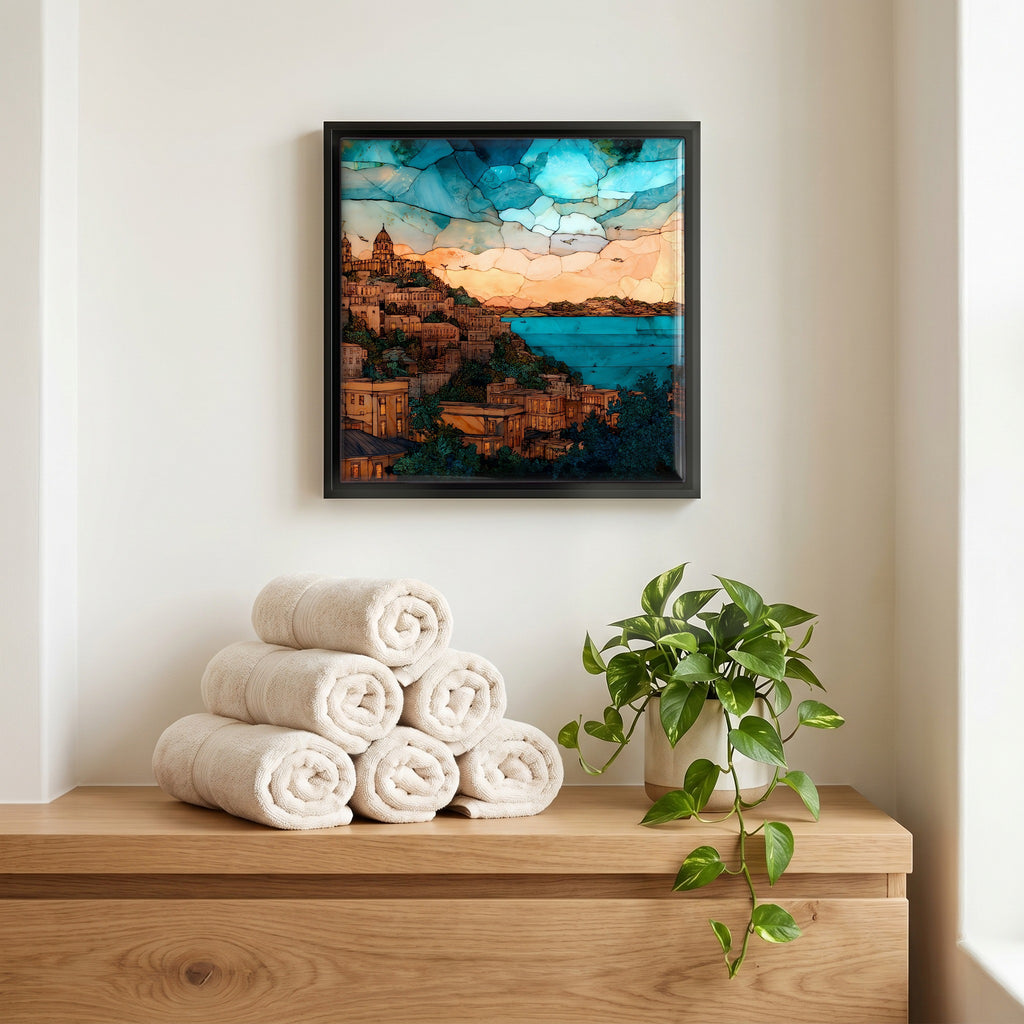 Above the linens, in a slim black surround.