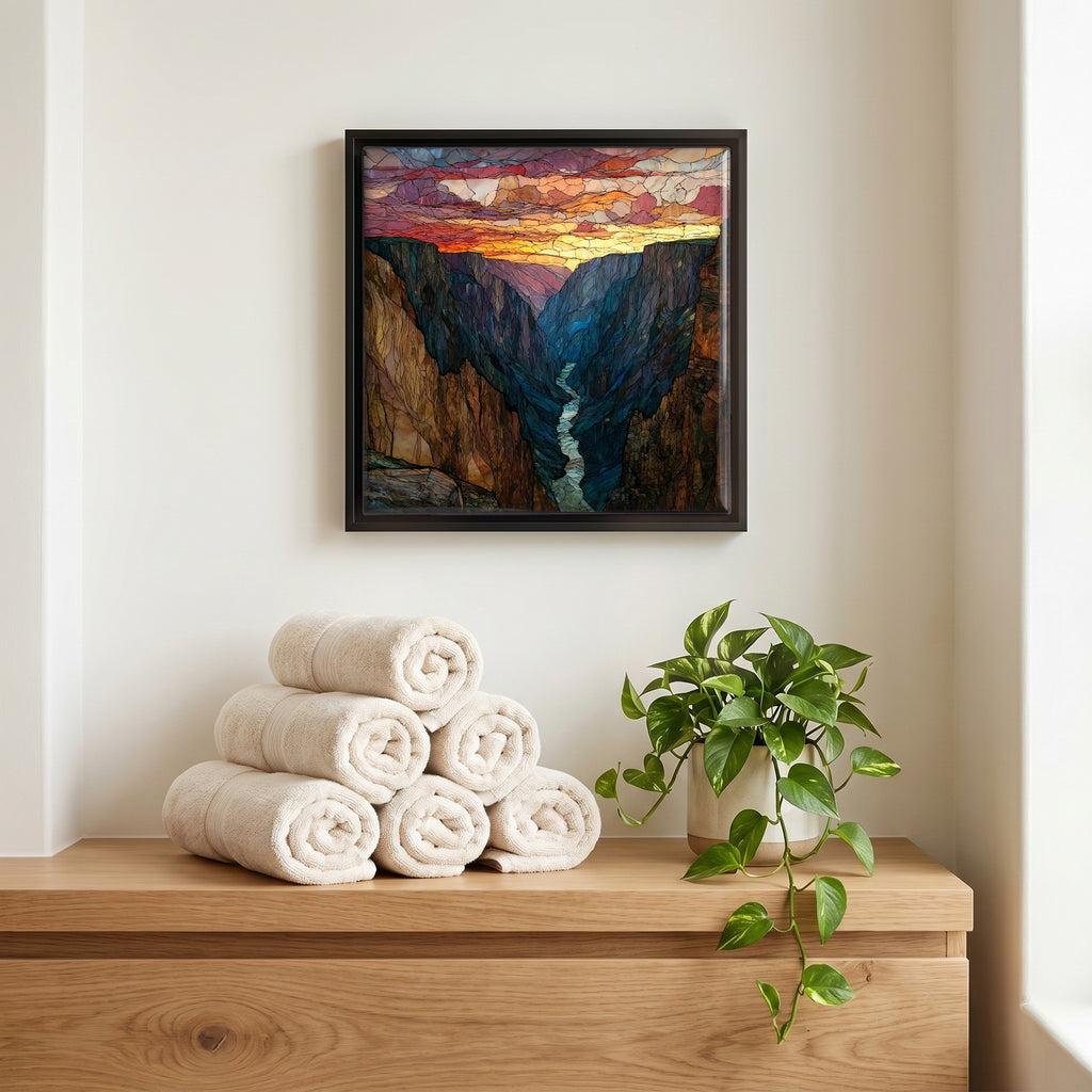 Above the linens, in a slim black surround.