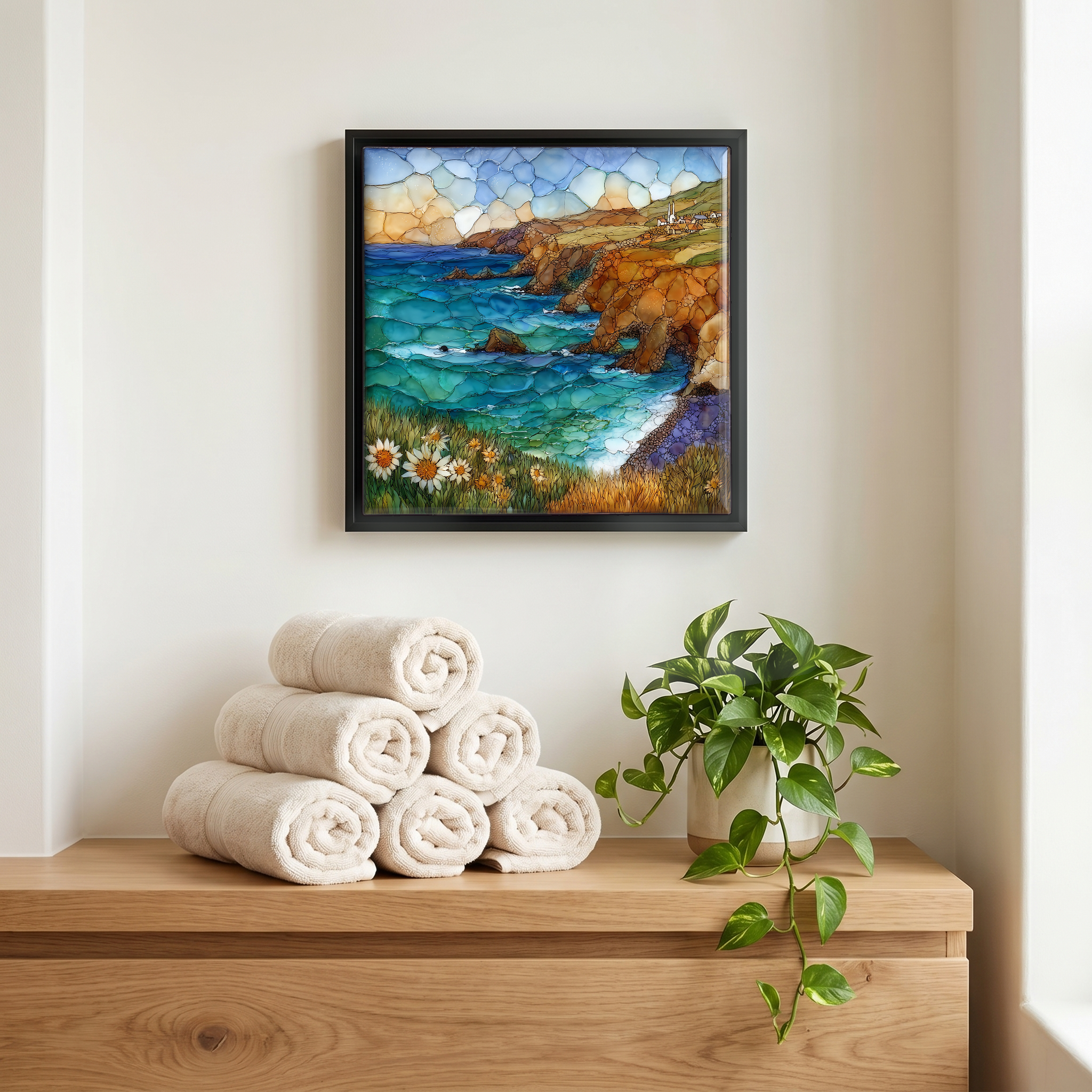 Above the linens, in a slim black surround.