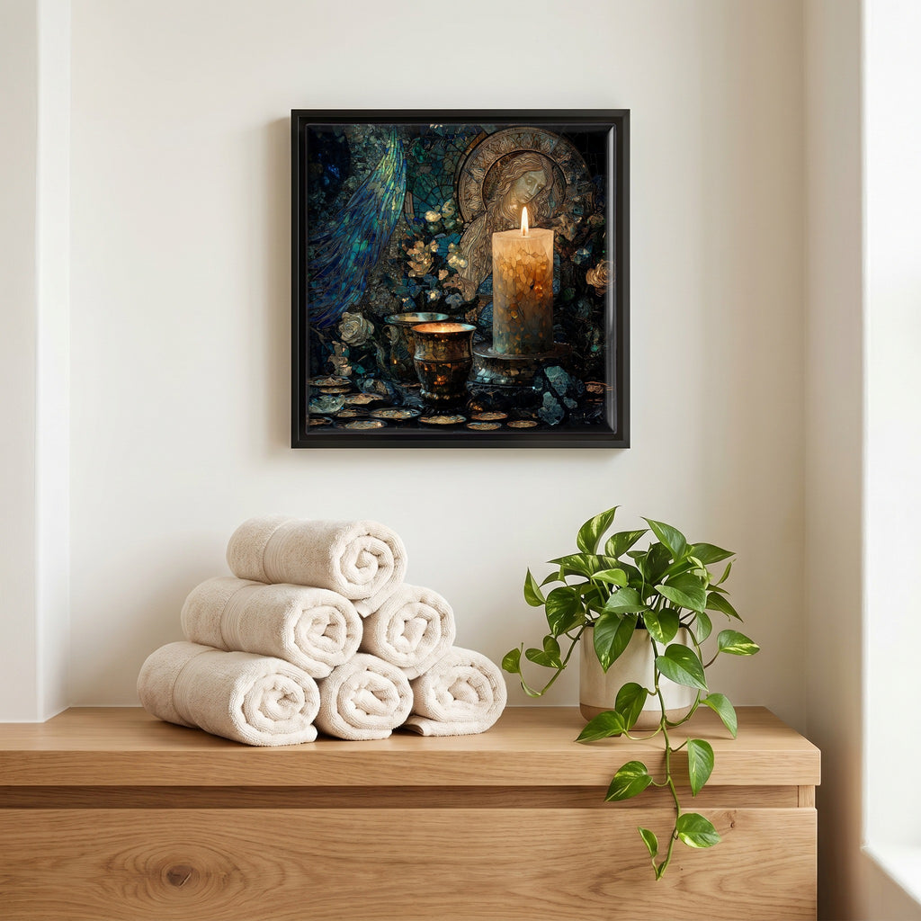 Above the linens, in a slim black surround.