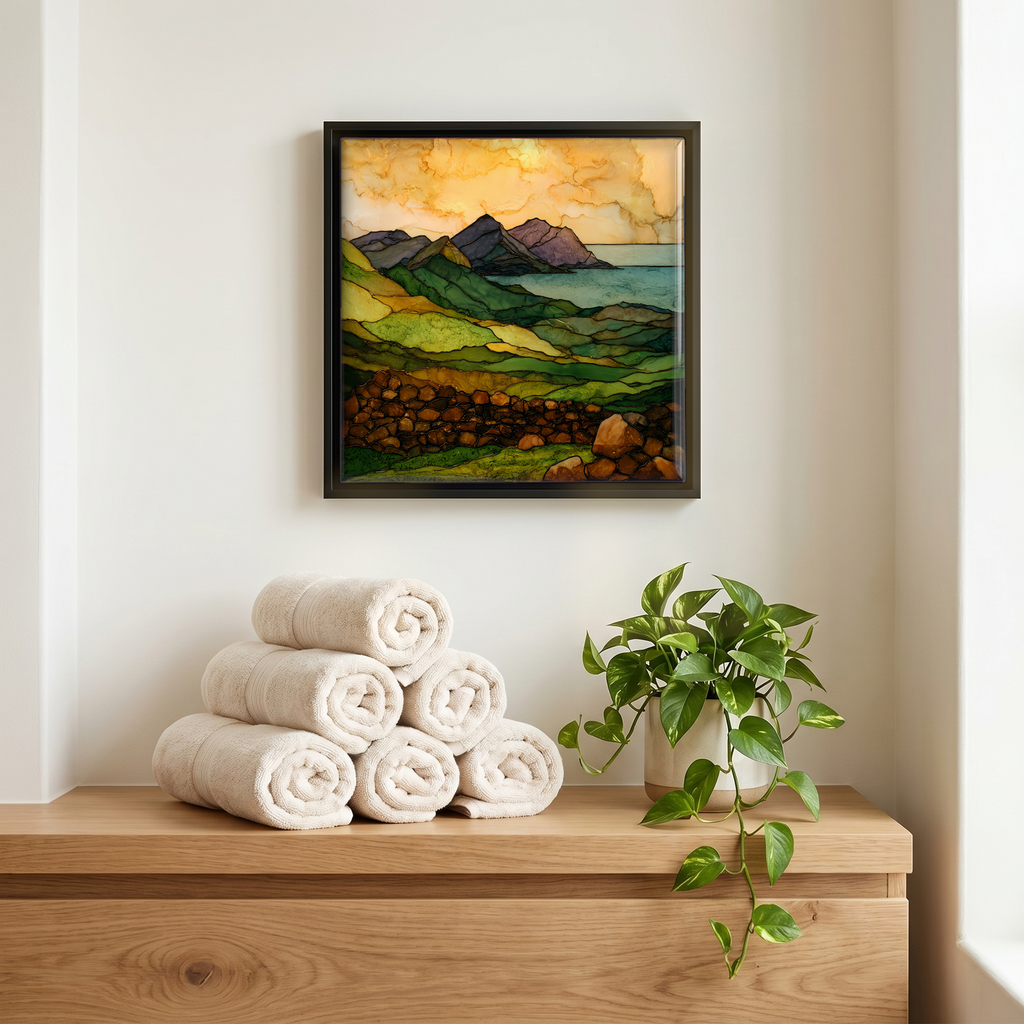 Above the linens, in a slim black surround.