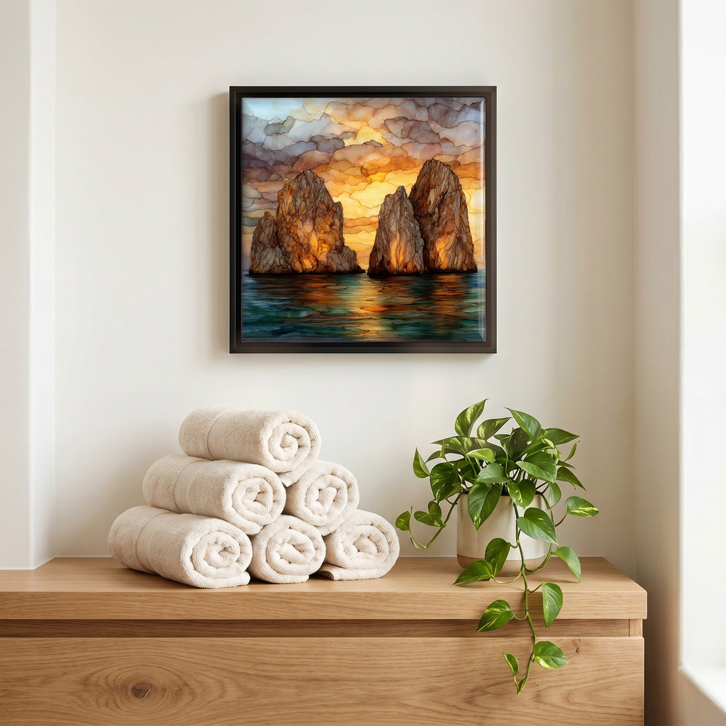 Above the linens, in a slim black surround.