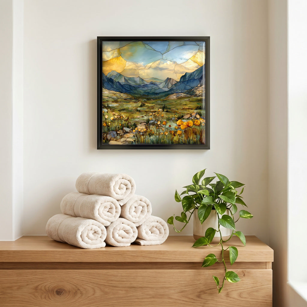 Above the linens, in a slim black surround.