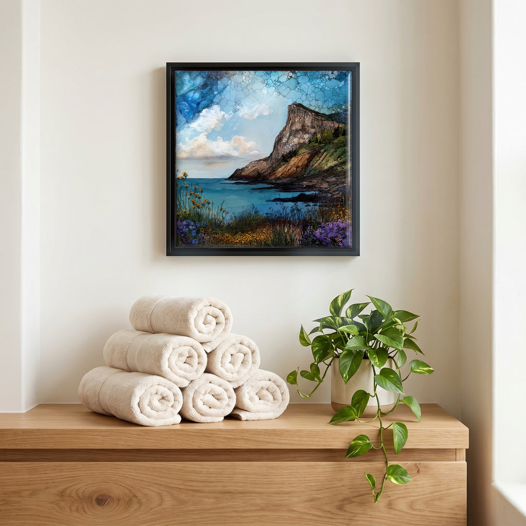 Above the linens, in a slim black surround.
