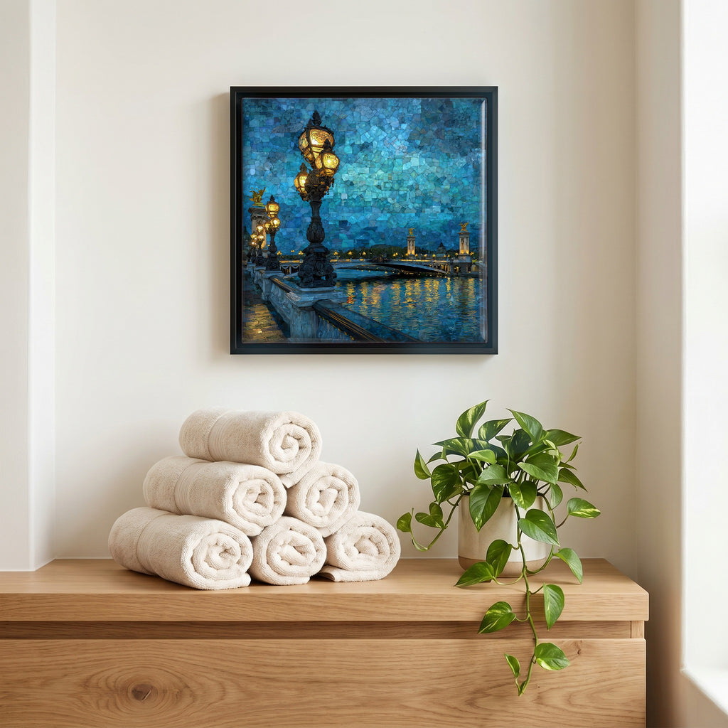 Above the linens, in a slim black surround.