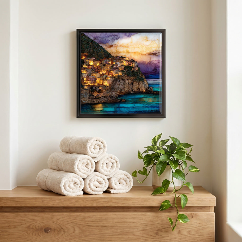 Above the linens, in a slim black surround.