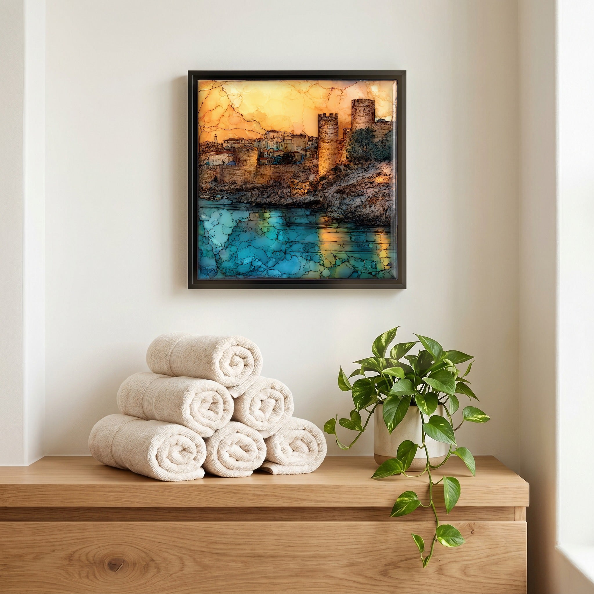 Above the linens, in a slim black surround.