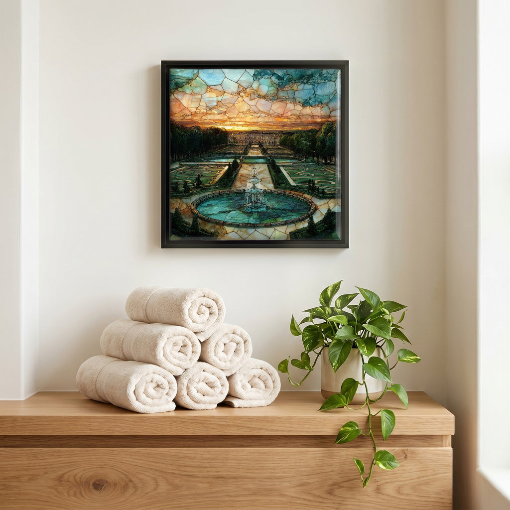 Above the linens, in a slim black surround.