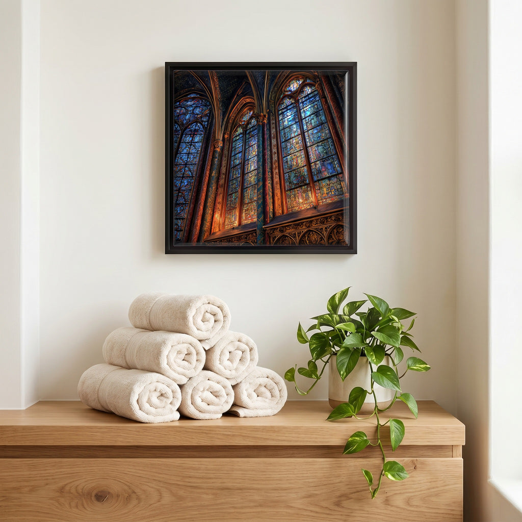 Above the linens, in a slim black surround.