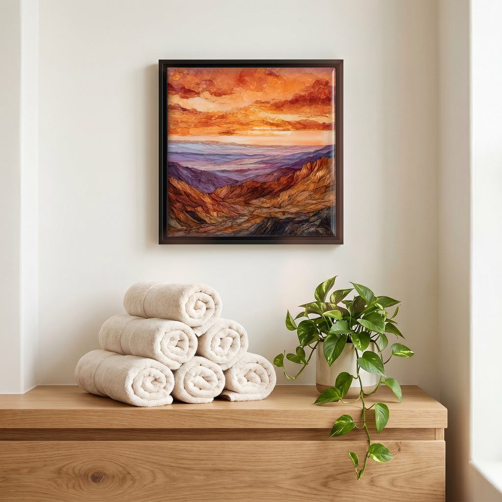 Above the linens, in a slim black surround.