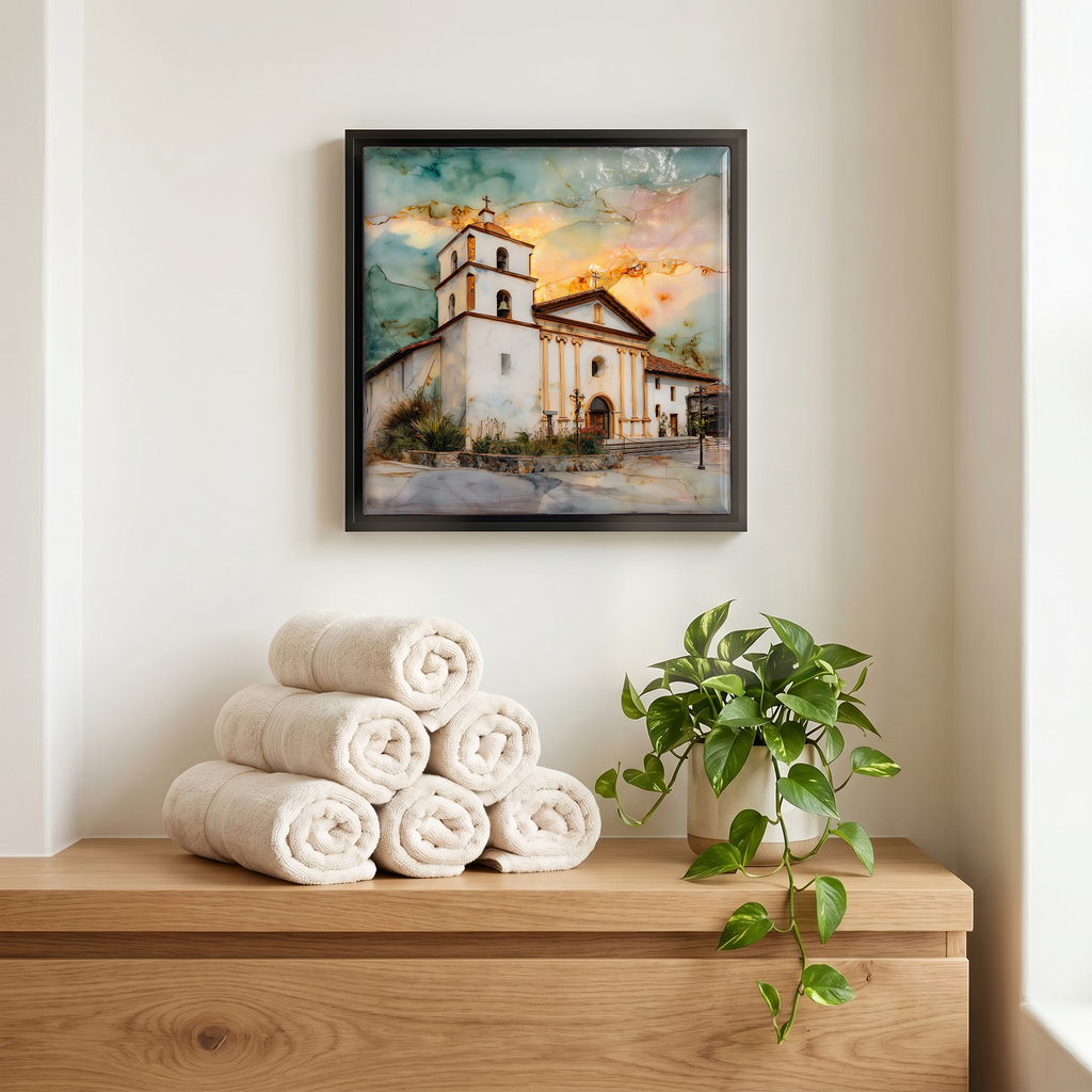 Above the linens, in a slim black surround.