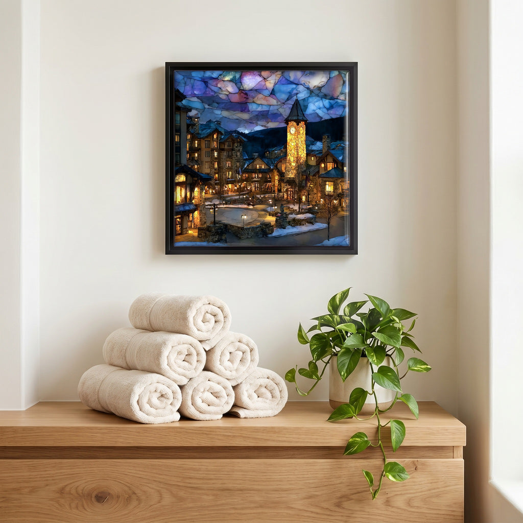 Above the linens, in a slim black surround.