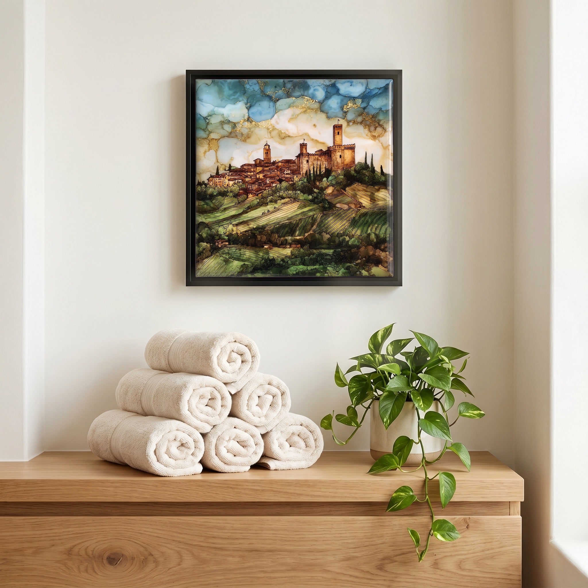 Above the linens, in a slim black surround.
