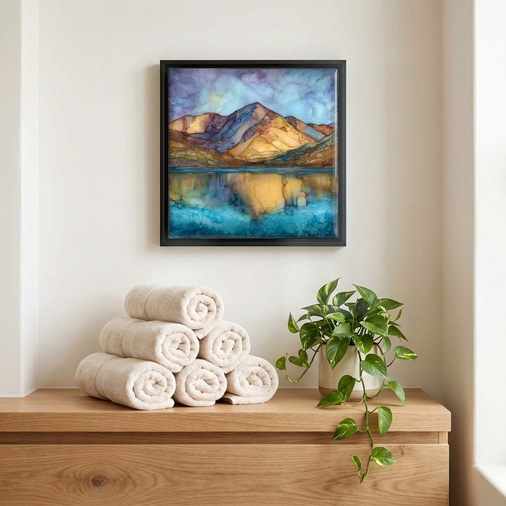 Above the linens, in a slim black surround.