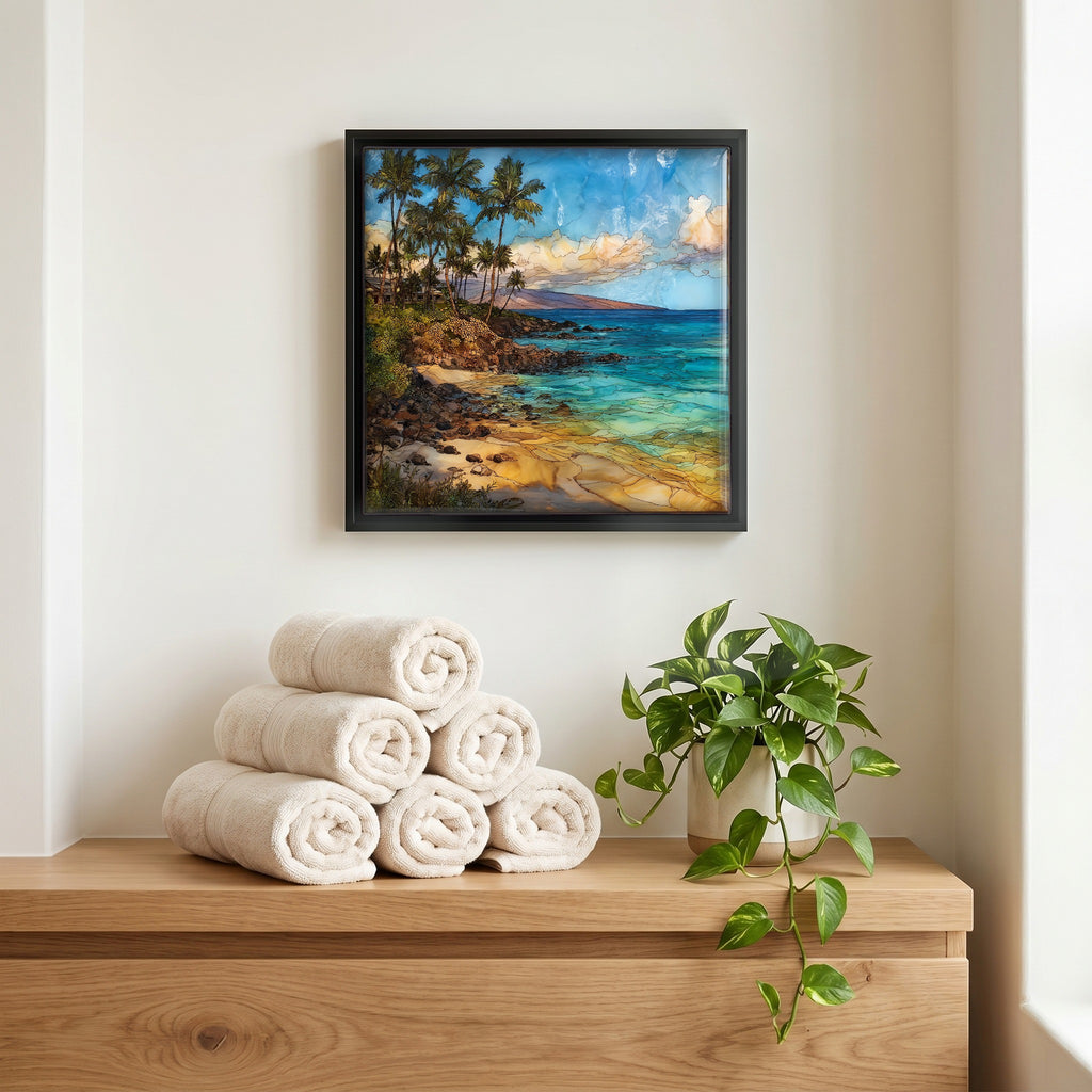 Above the linens, in a slim black surround.