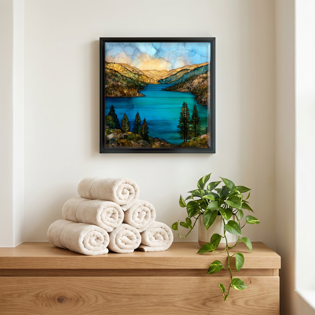 Above the linens, in a slim black surround.