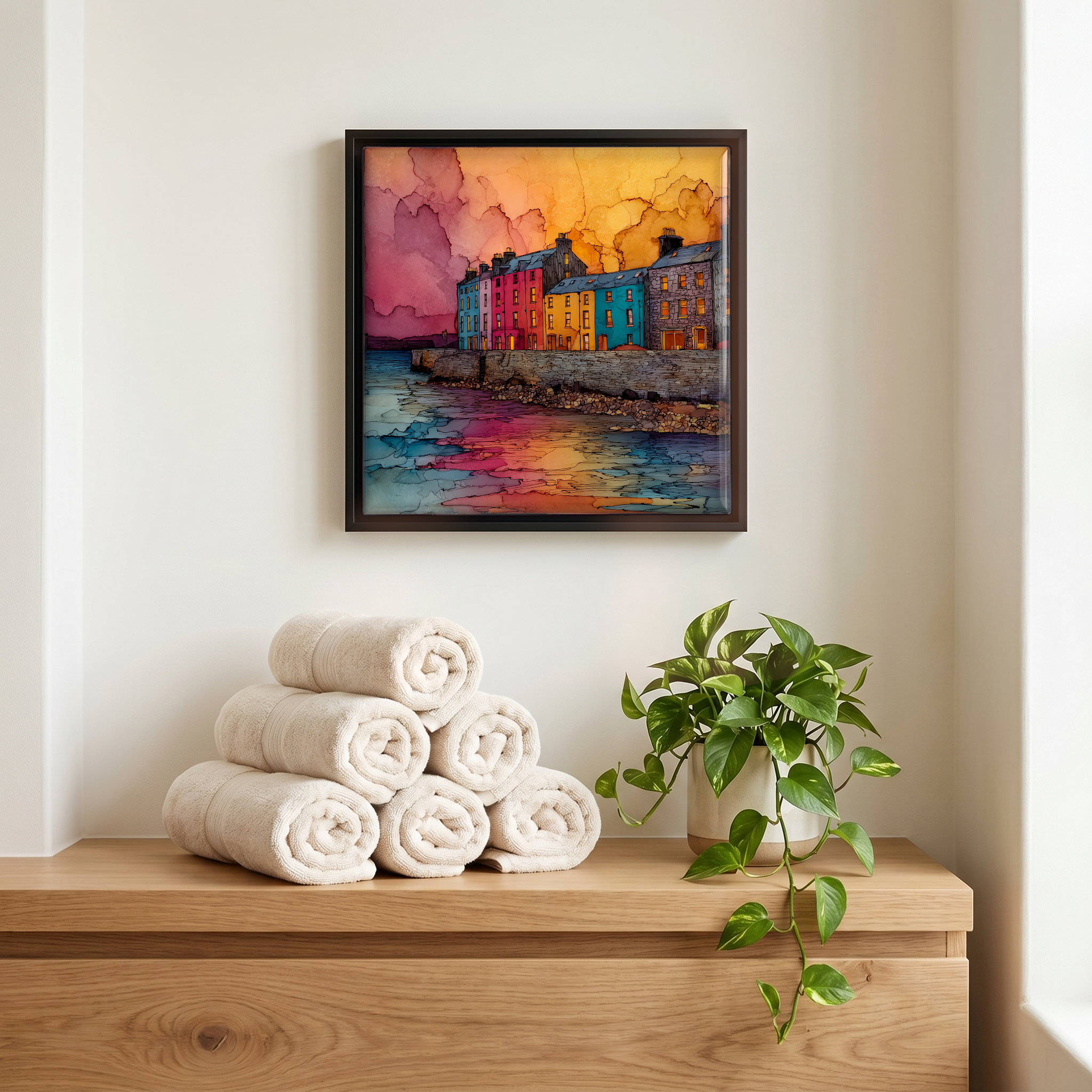 Above the linens, in a slim black surround.