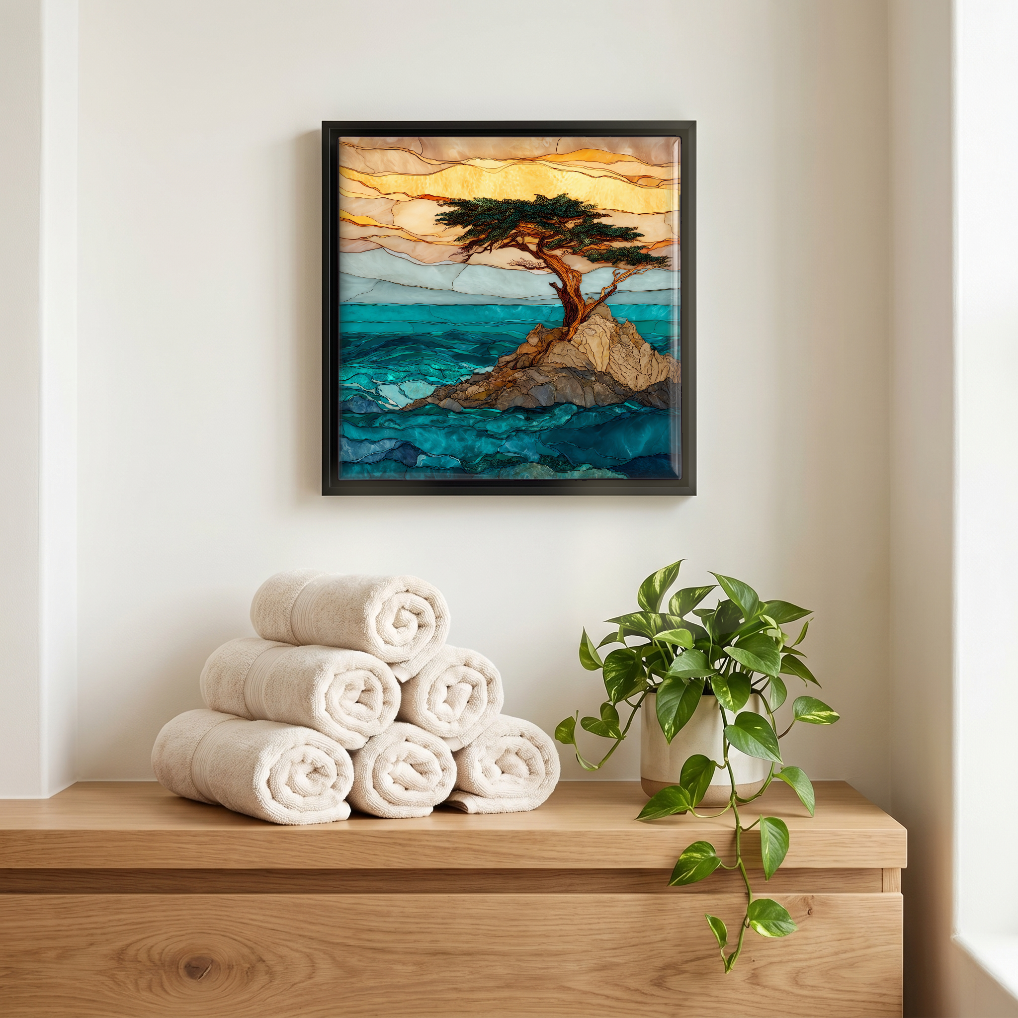 Above the linens, in a slim black surround.