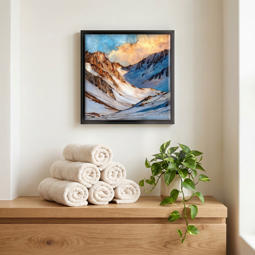 Above the linens, in a slim black surround.