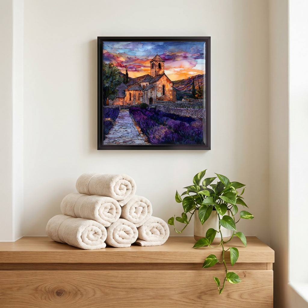 Above the linens, in a slim black surround.