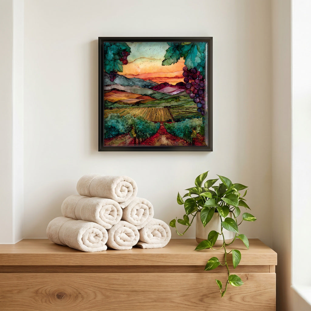 Above the linens, in a slim black surround.