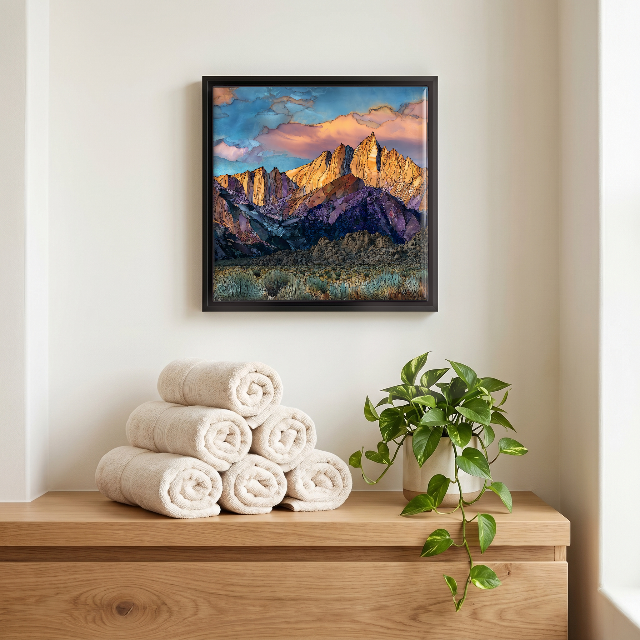 Above the linens, in a slim black surround.