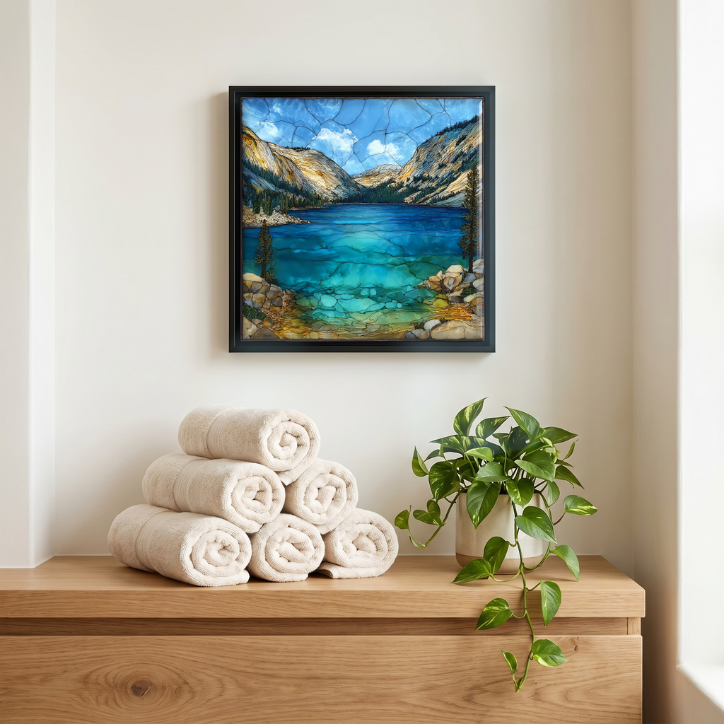 Above the linens, in a slim black surround.