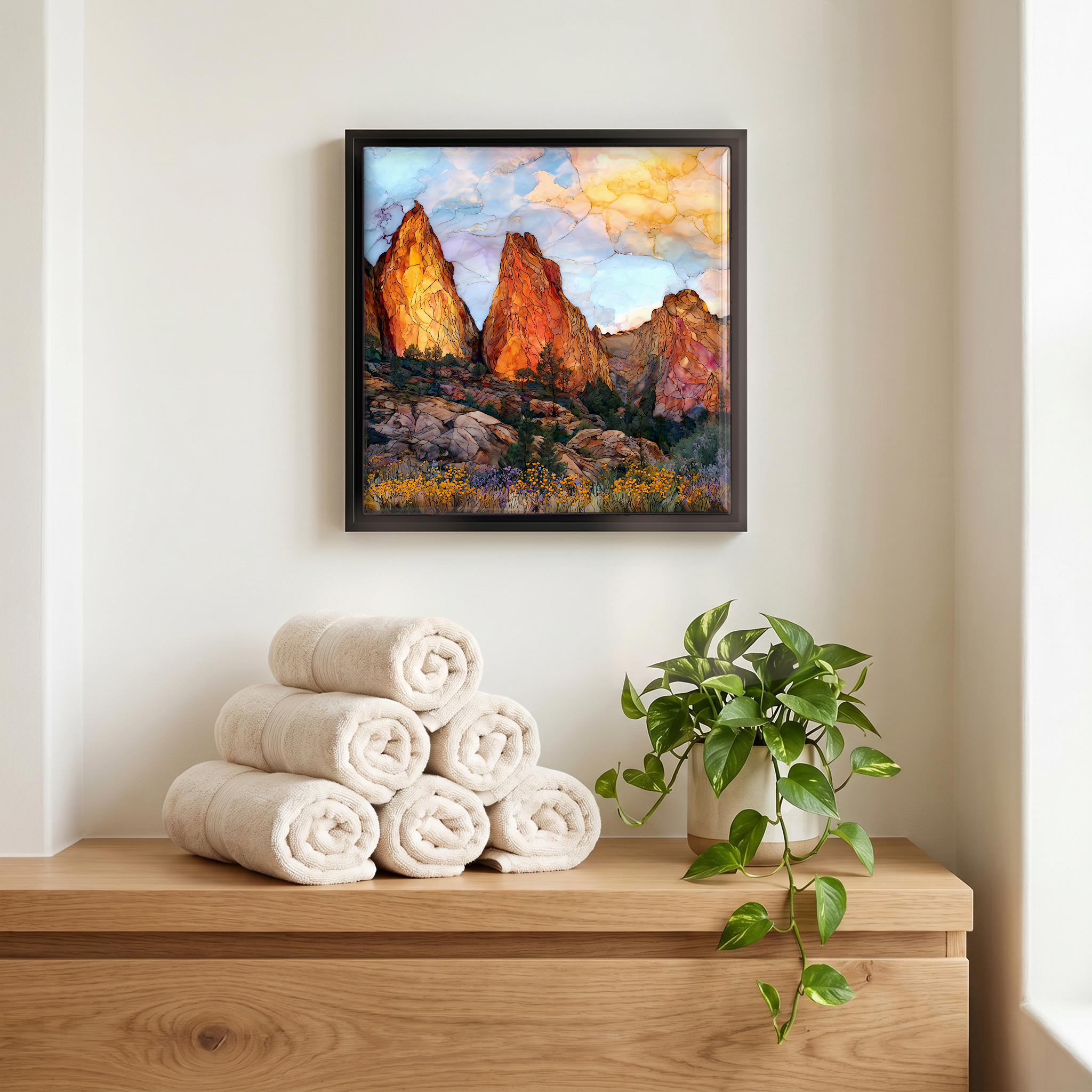Above the linens, in a slim black surround.
