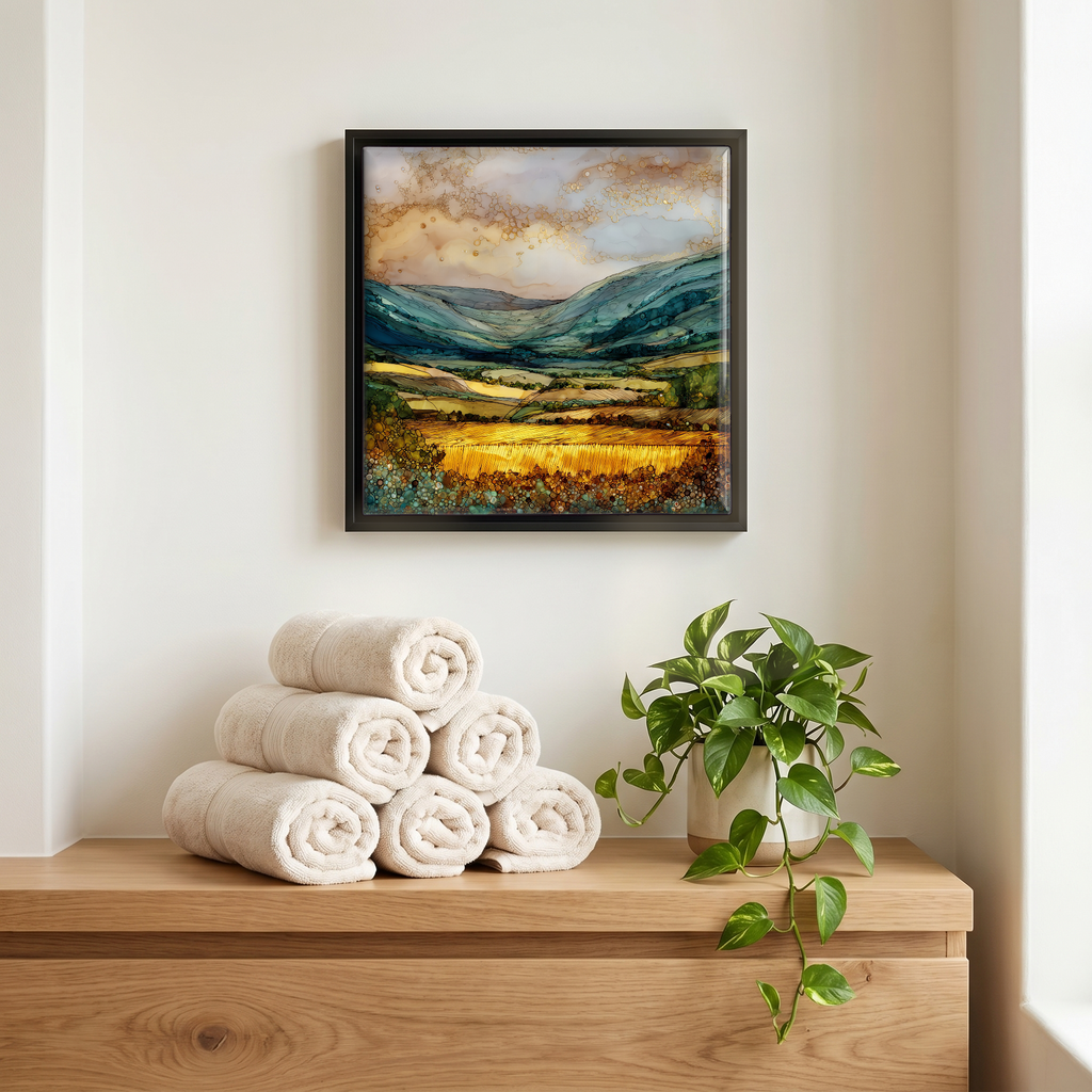 Above the linens, in a slim black surround.