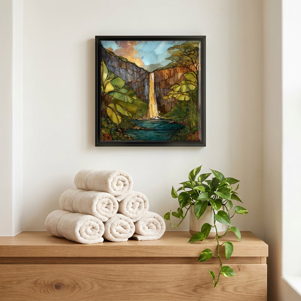 Above the linens, in a slim black surround.