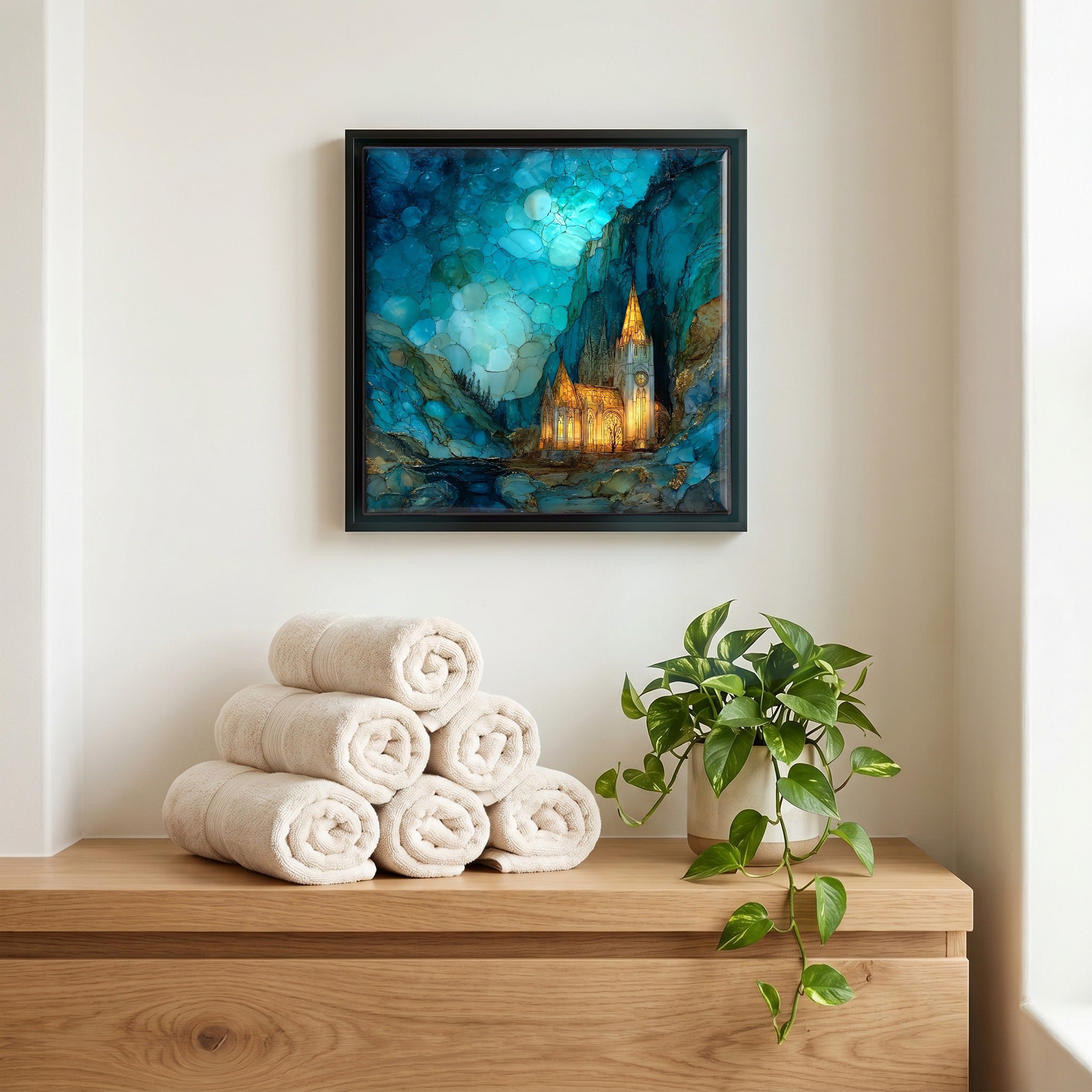 Above the linens, in a slim black surround.