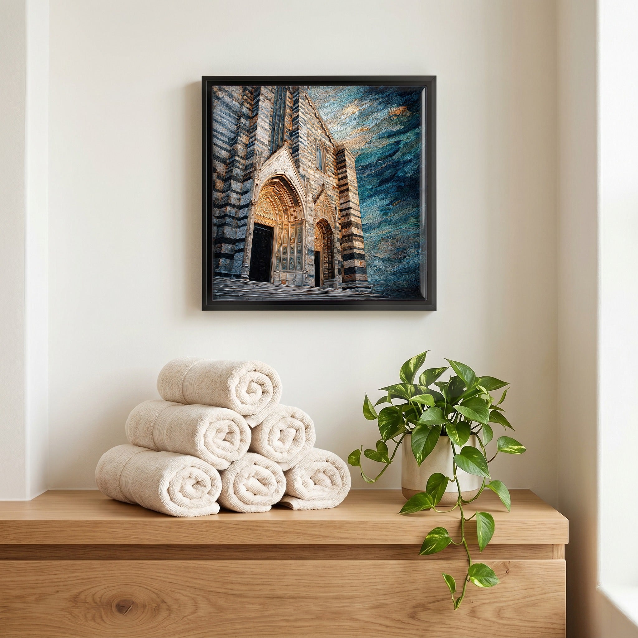 Above the linens, in a slim black surround.