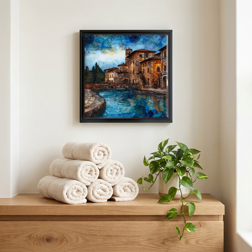 Above the linens, in a slim black surround.