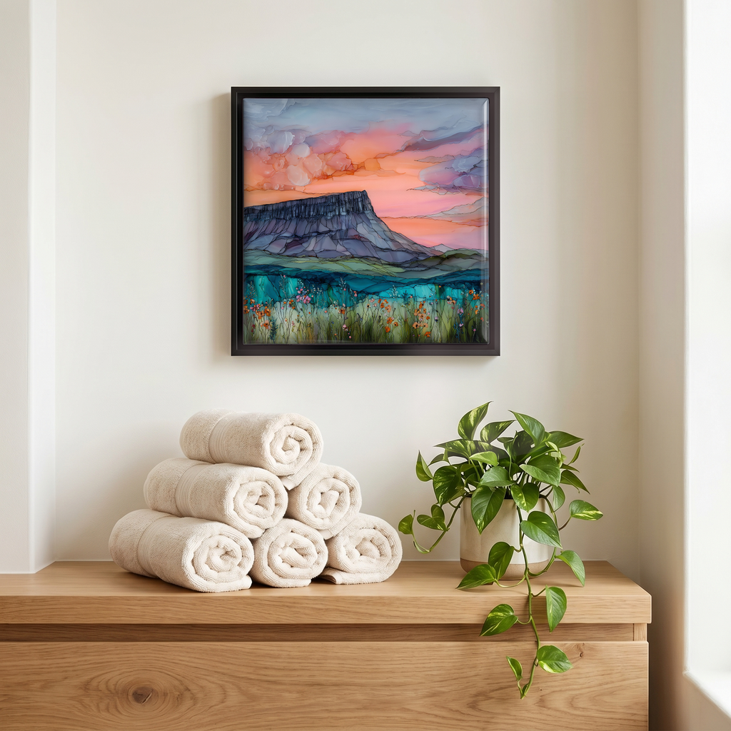 Above the linens, in a slim black surround.