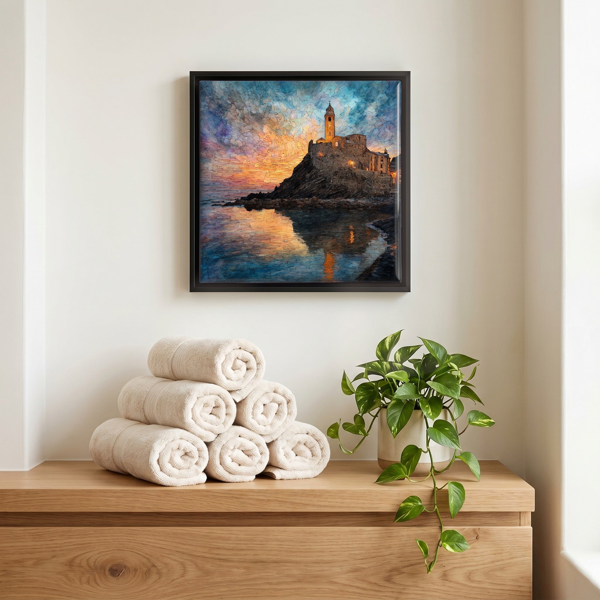 Above the linens, in a slim black surround.