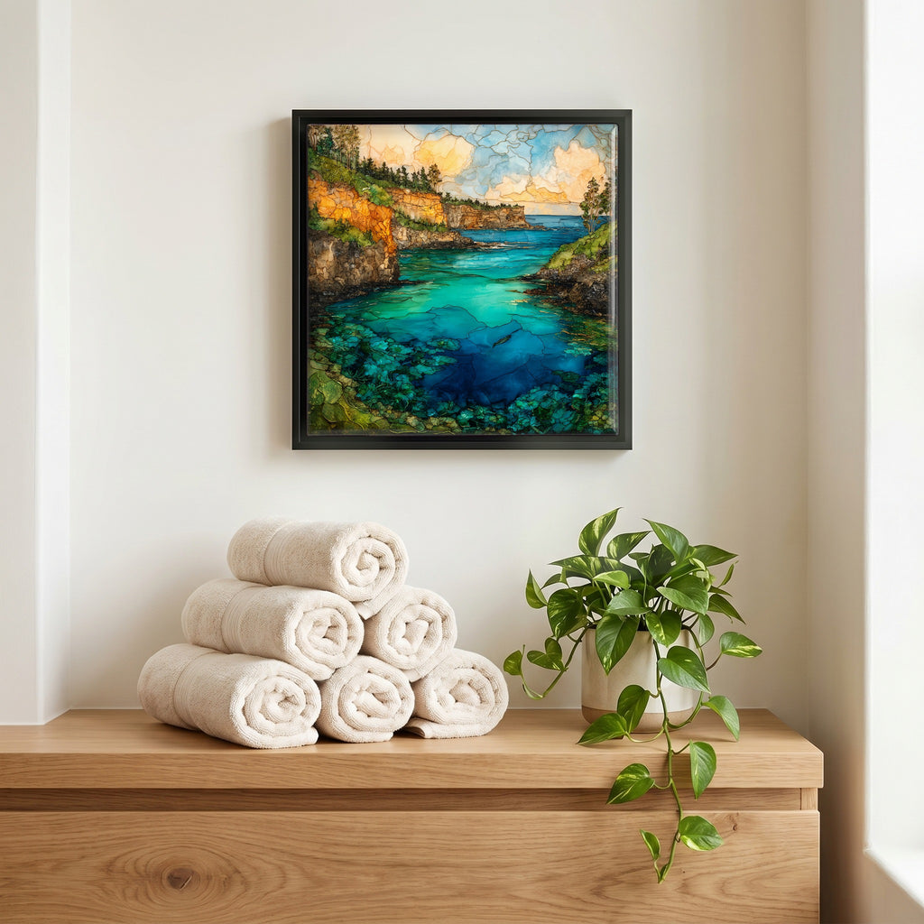 Above the linens, in a slim black surround.