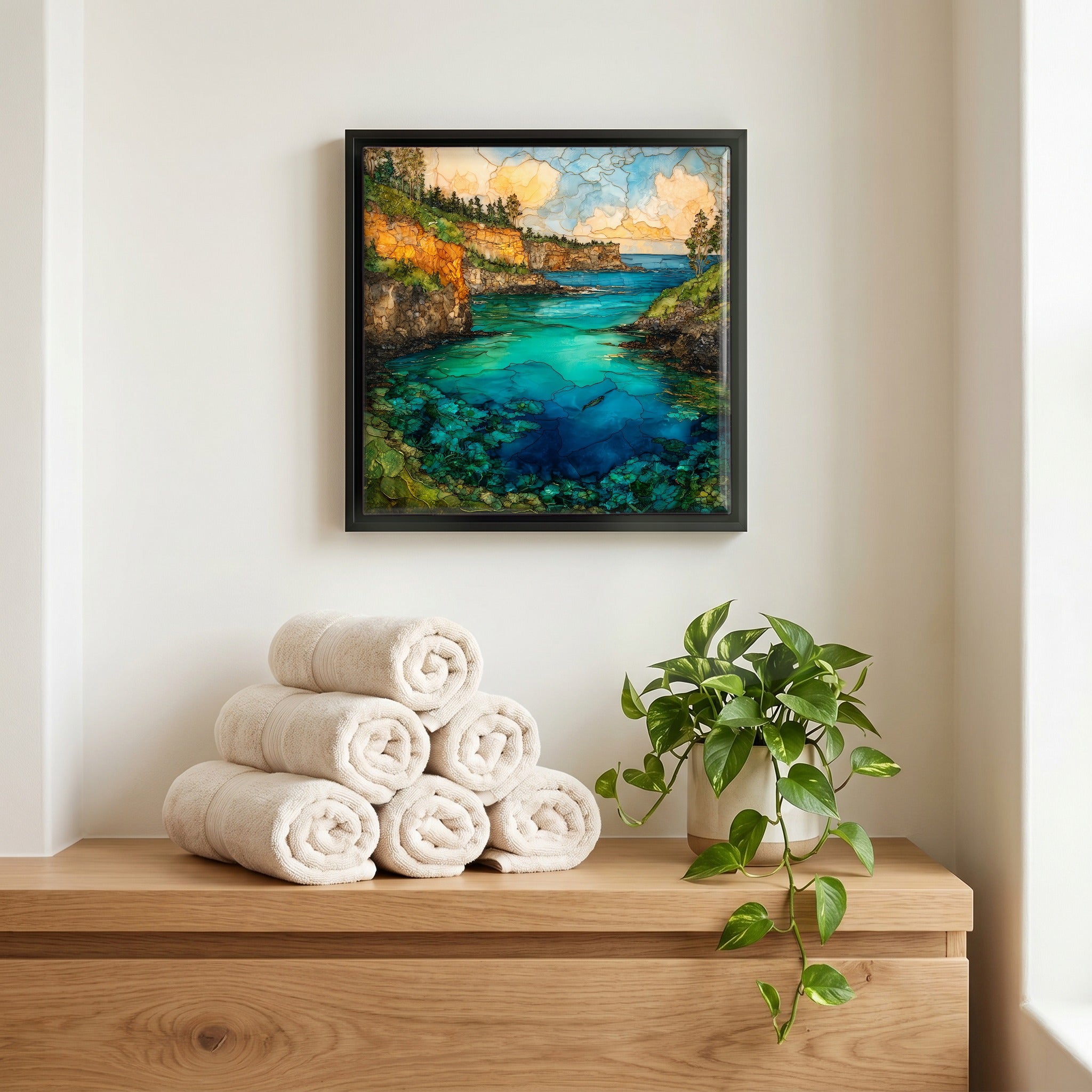 Above the linens, in a slim black surround.