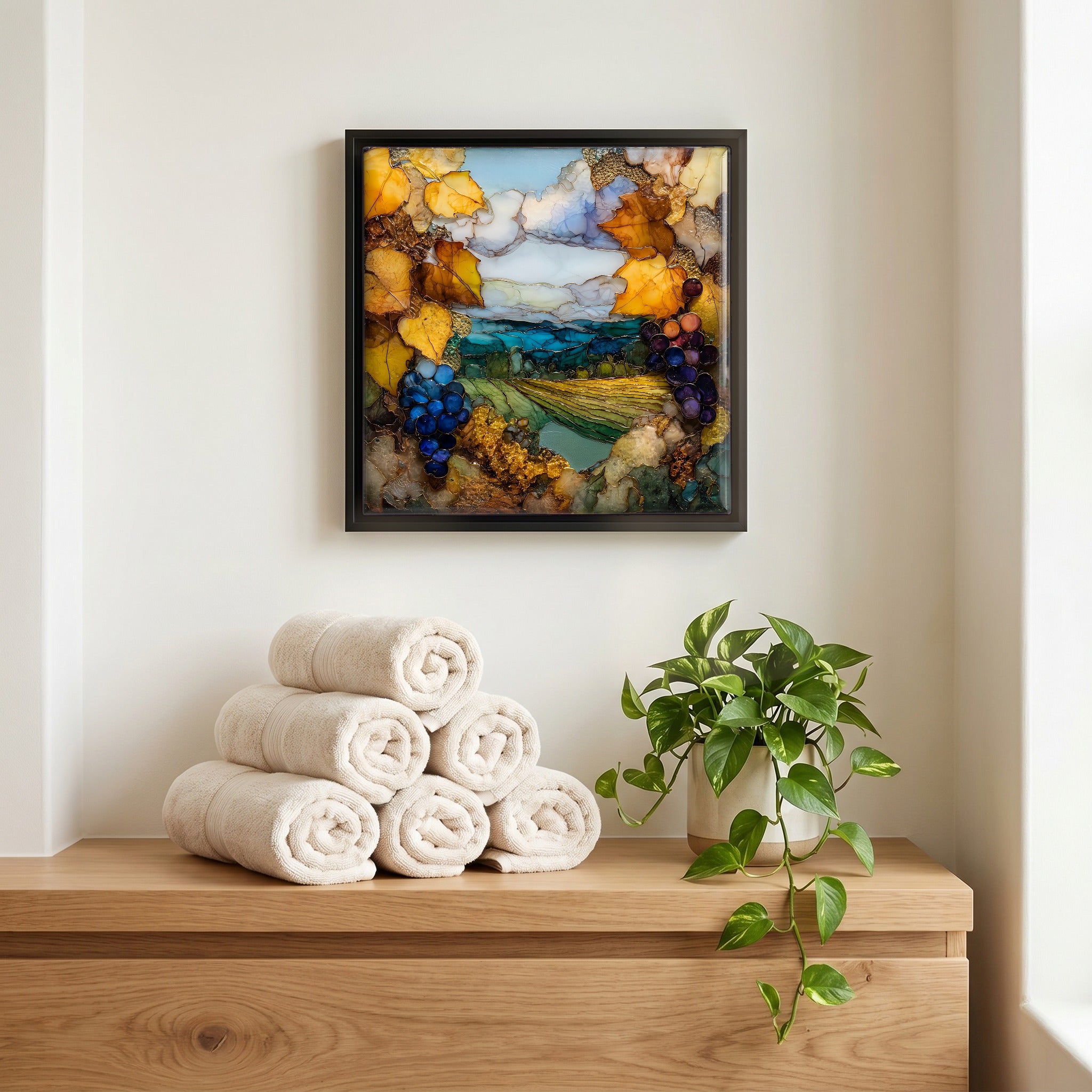 Above the linens, in a slim black surround.
