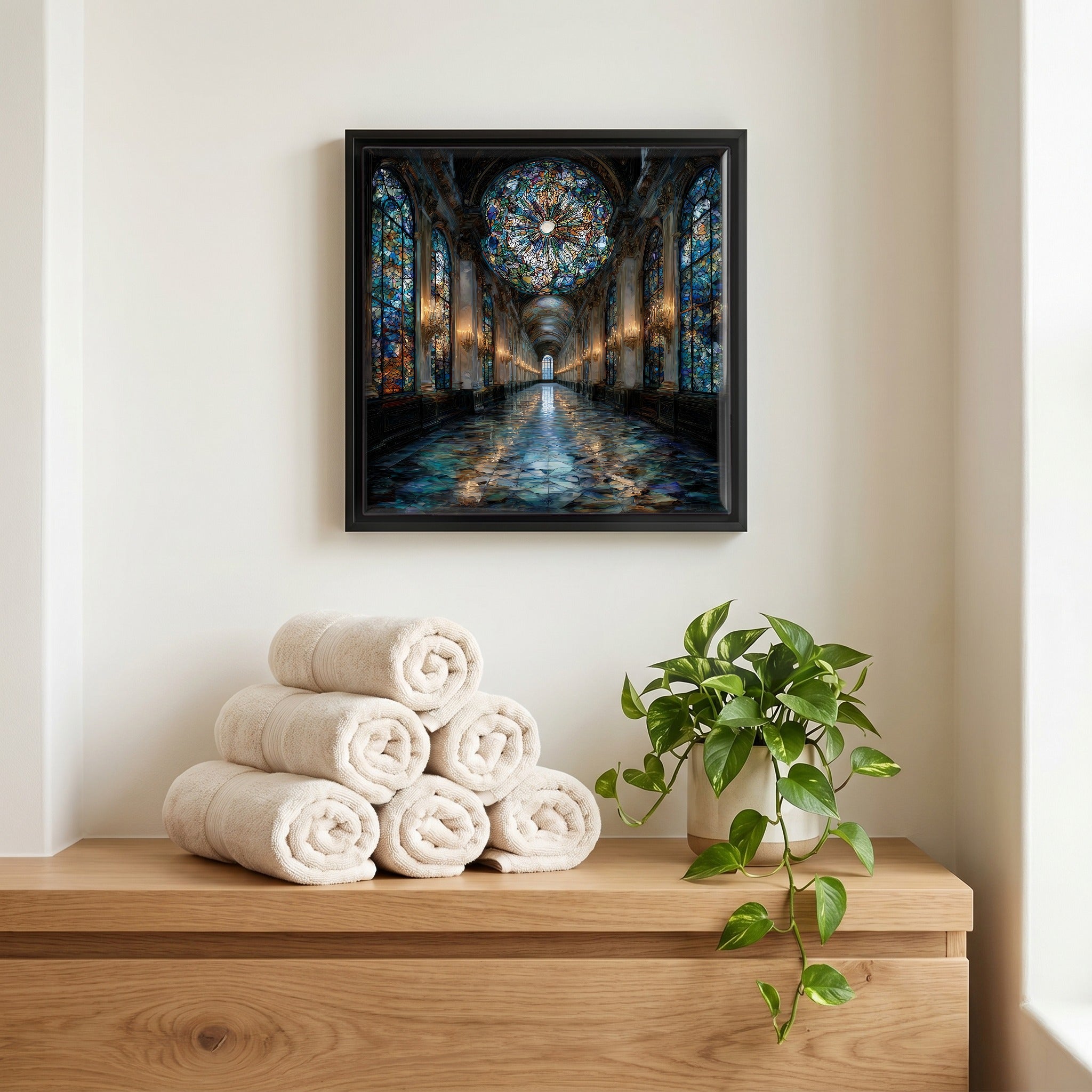 Above the linens, in a slim black surround.