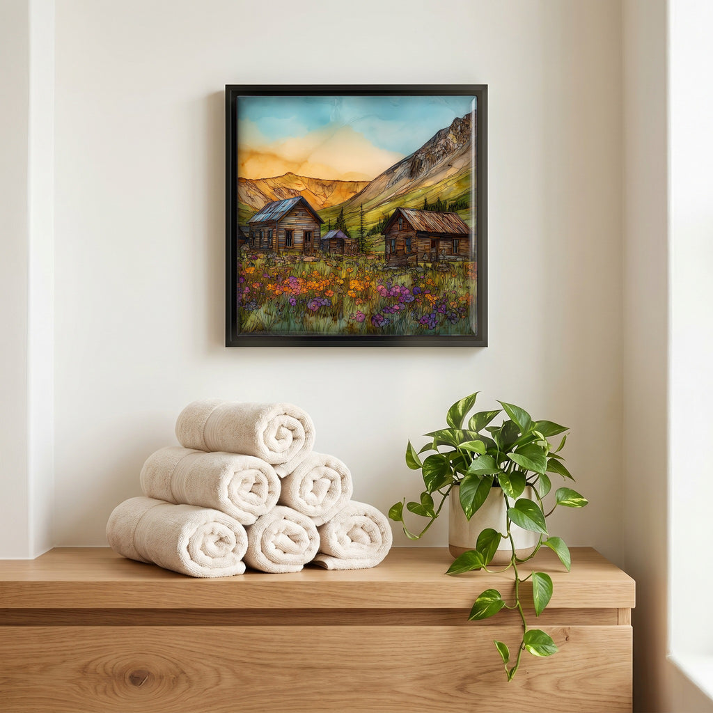 Above the linens, in a slim black surround.