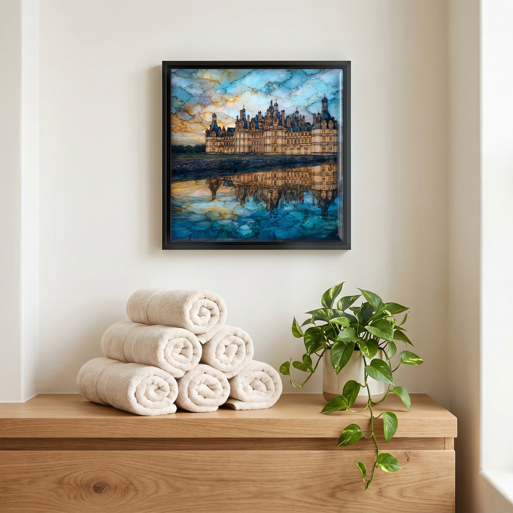 Above the linens, in a slim black surround.
