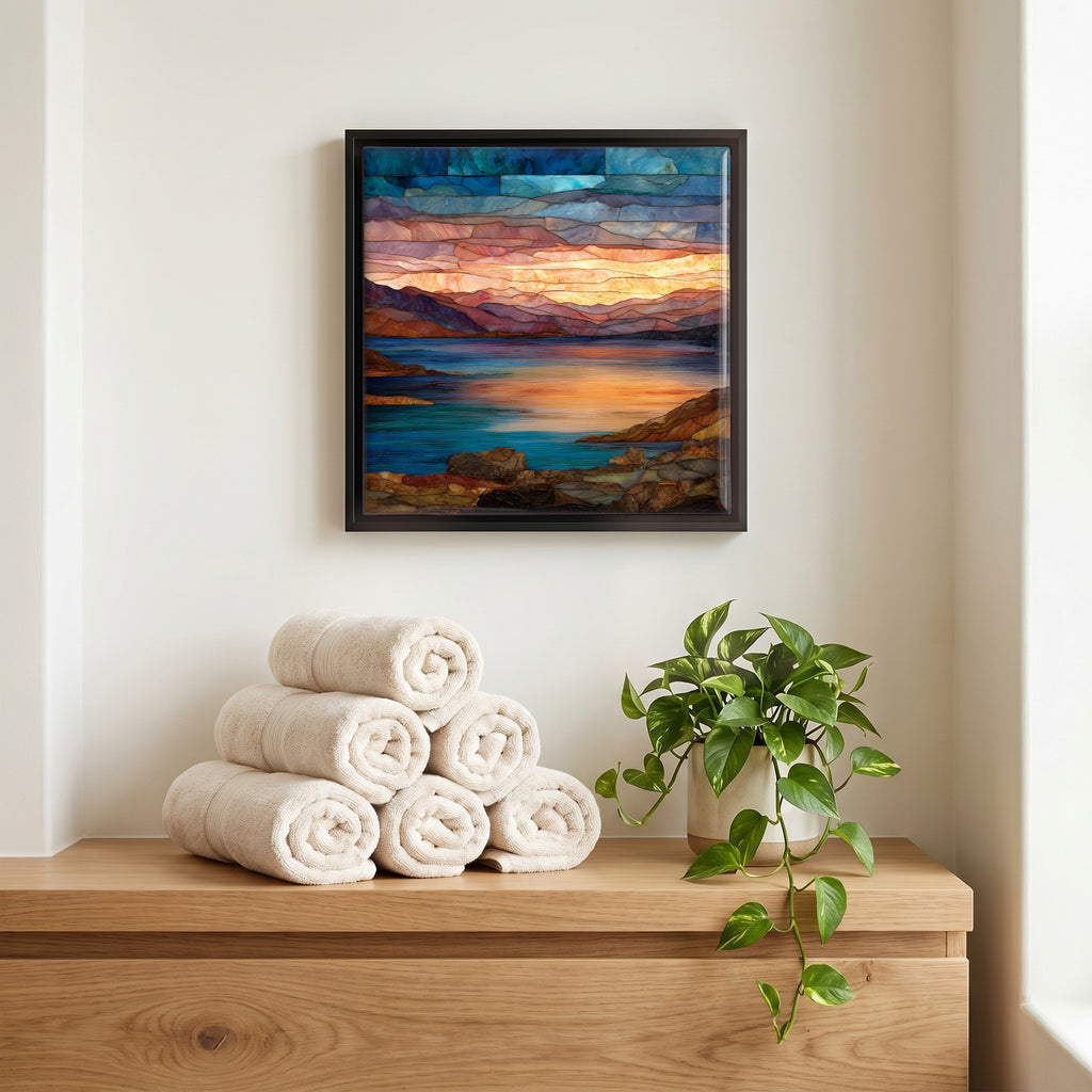 Above the linens, in a slim black surround.