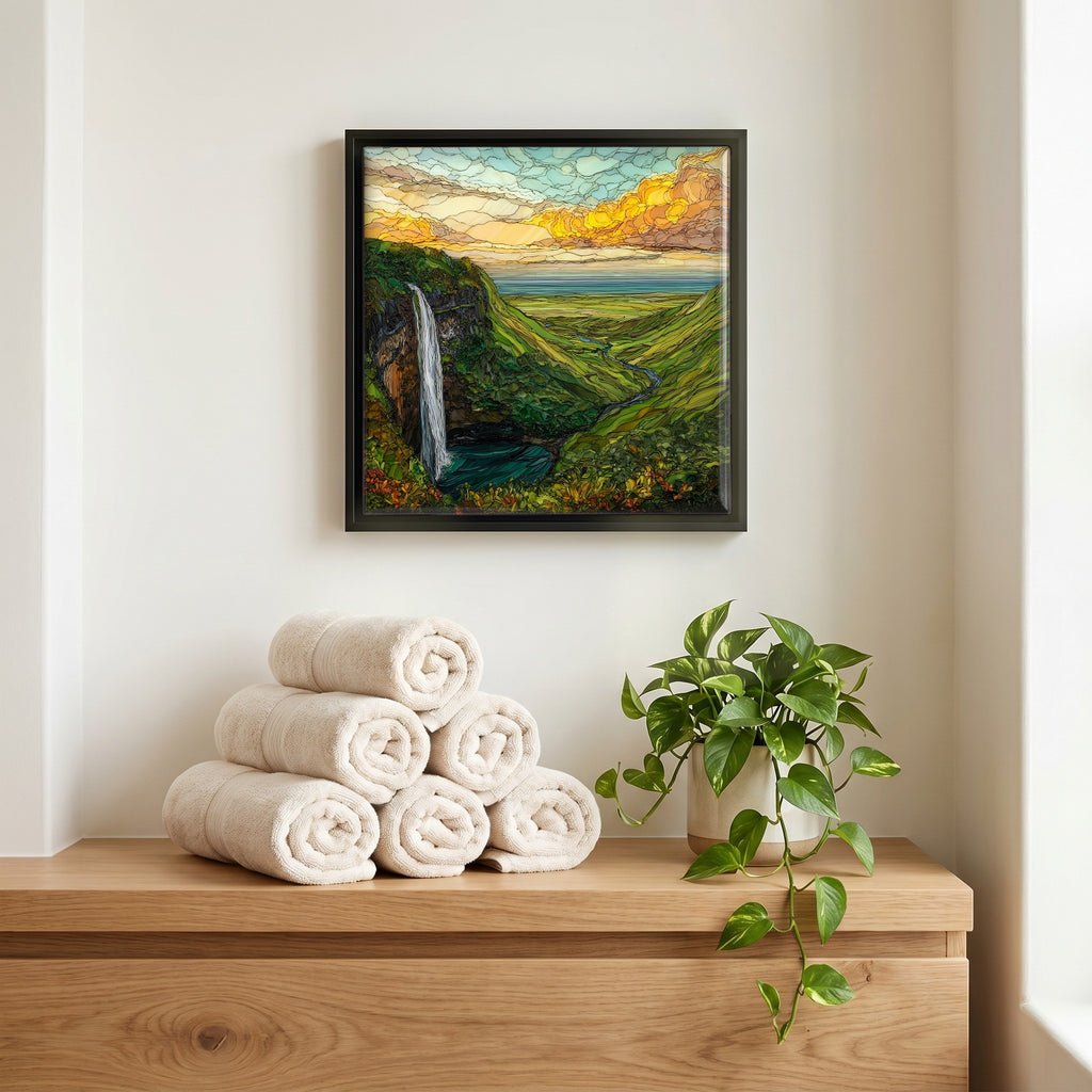Above the linens, in a slim black surround.