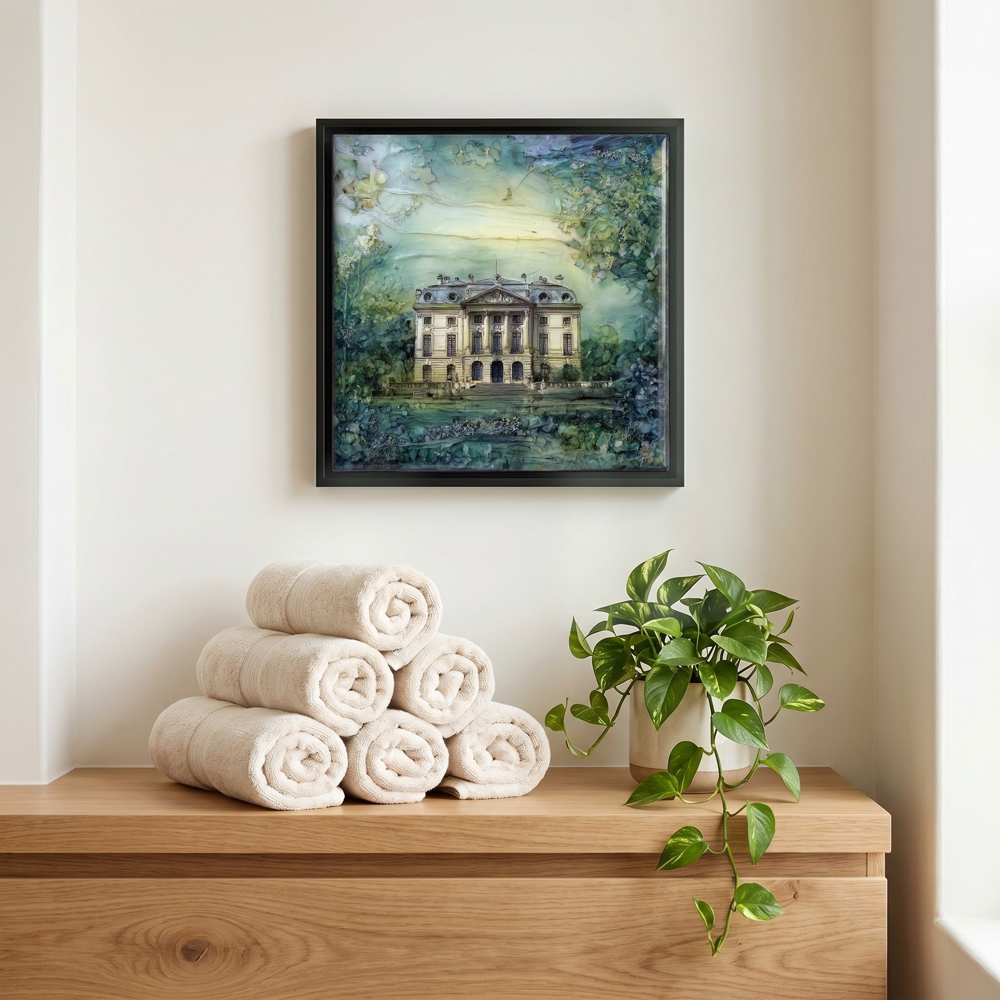 Above the linens, in a slim black surround.