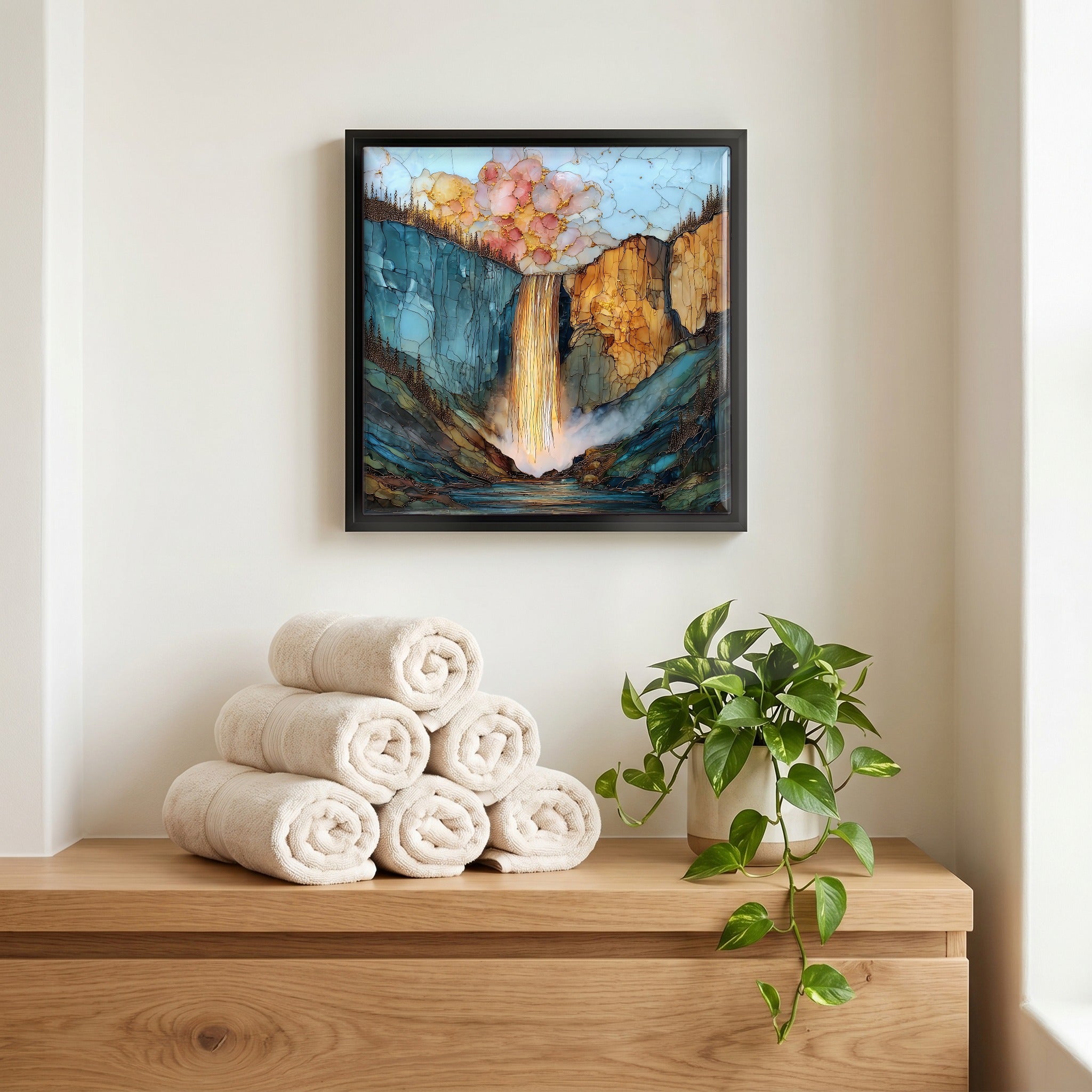 Above the linens, in a slim black surround.