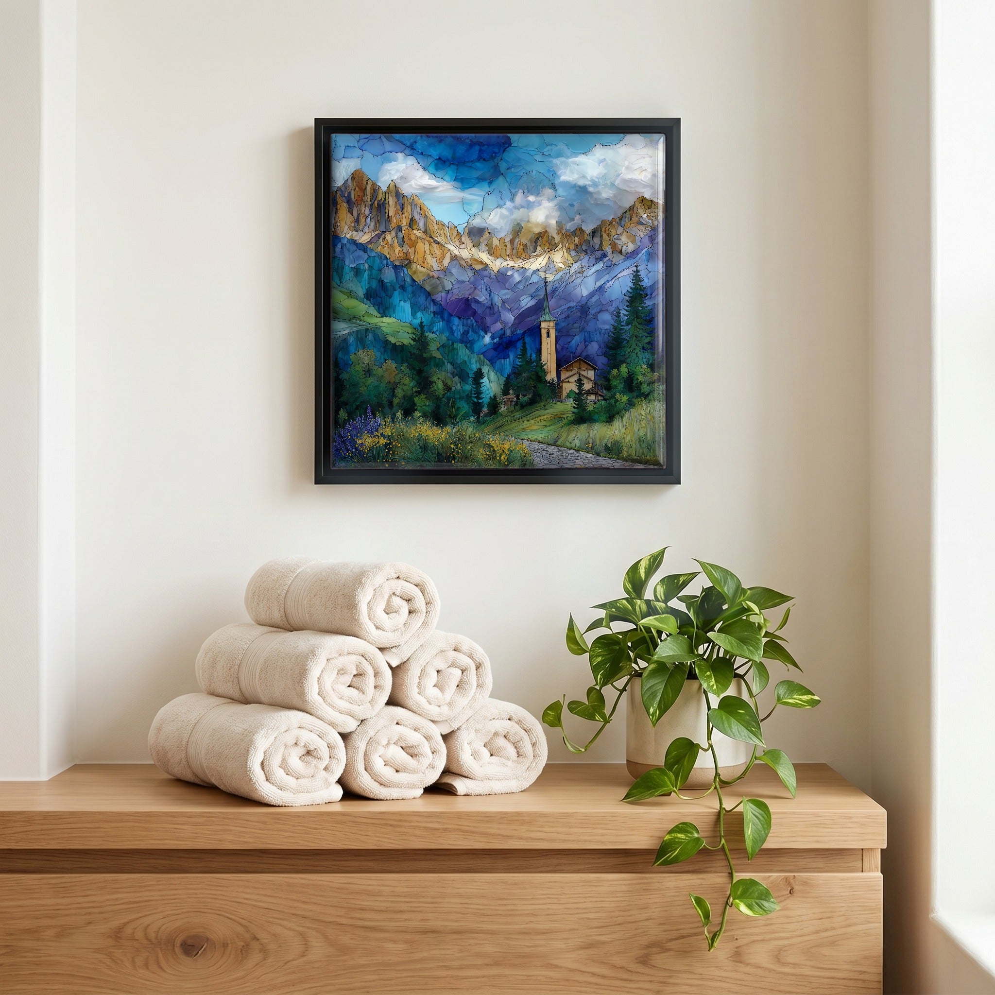 Above the linens, in a slim black surround.