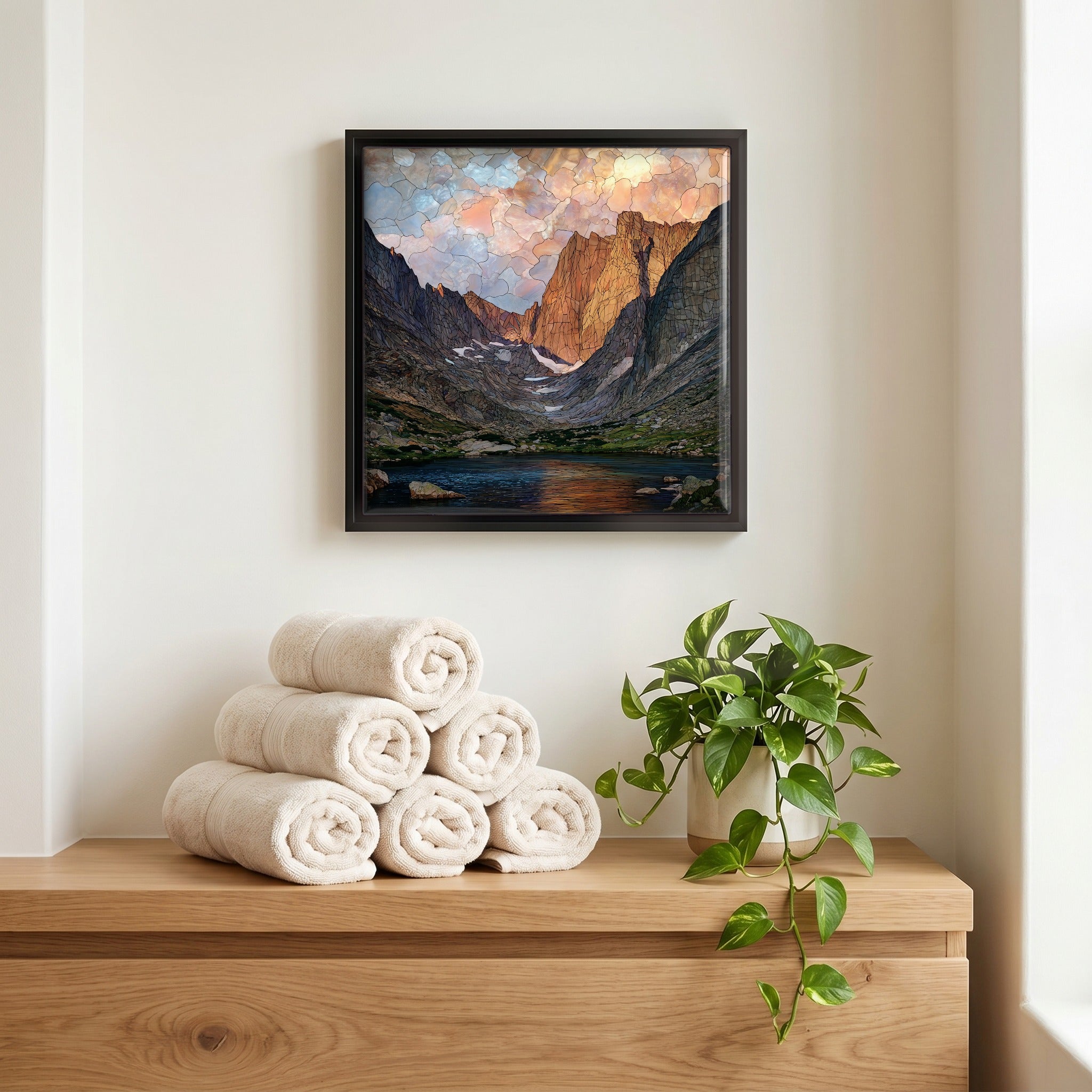 Above the linens, in a slim black surround.